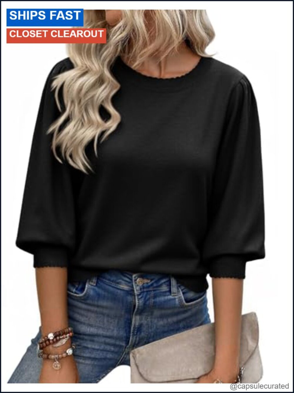 Women's 3/4 Puff Sleeve Knit Pullover Sweater